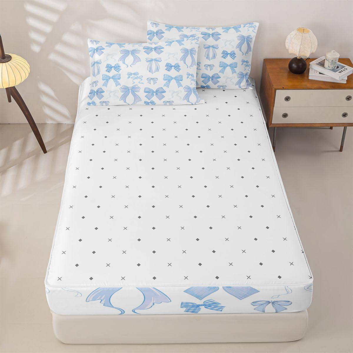Erosebridal Ribbon Bow Zippered Bedding Set Full Blue Bowknot Comforter Set Coquette Kawaii Checkered Striped Bowtie Bed in a Bag Polka Dots Princess Blue Zipper Quilt Fitted Sheet,2 Pillowcases