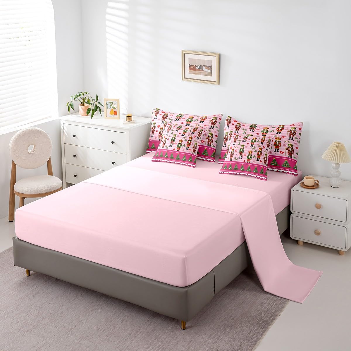 Erosebridal 7 Piece Christmas Nutcracker Kids Comforter Set King Bed in a Bag,Pink Christmas Bedding Set,Christmas Trees Bowknot Decor Sheets,Princess Magical Snowflake Duvet Insert Xmas Ornaments