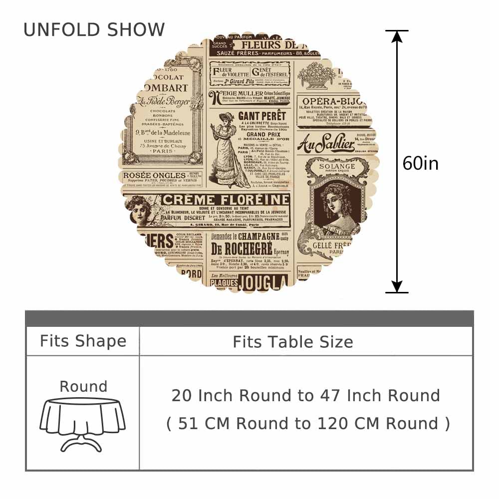 AOYEGO Brown Newspaper Tablecloth Round France Paris Table Cloth Vintage News Women Pattern Advertisement Tablecloths 60 Inch for Dining Room, Party, Banquet