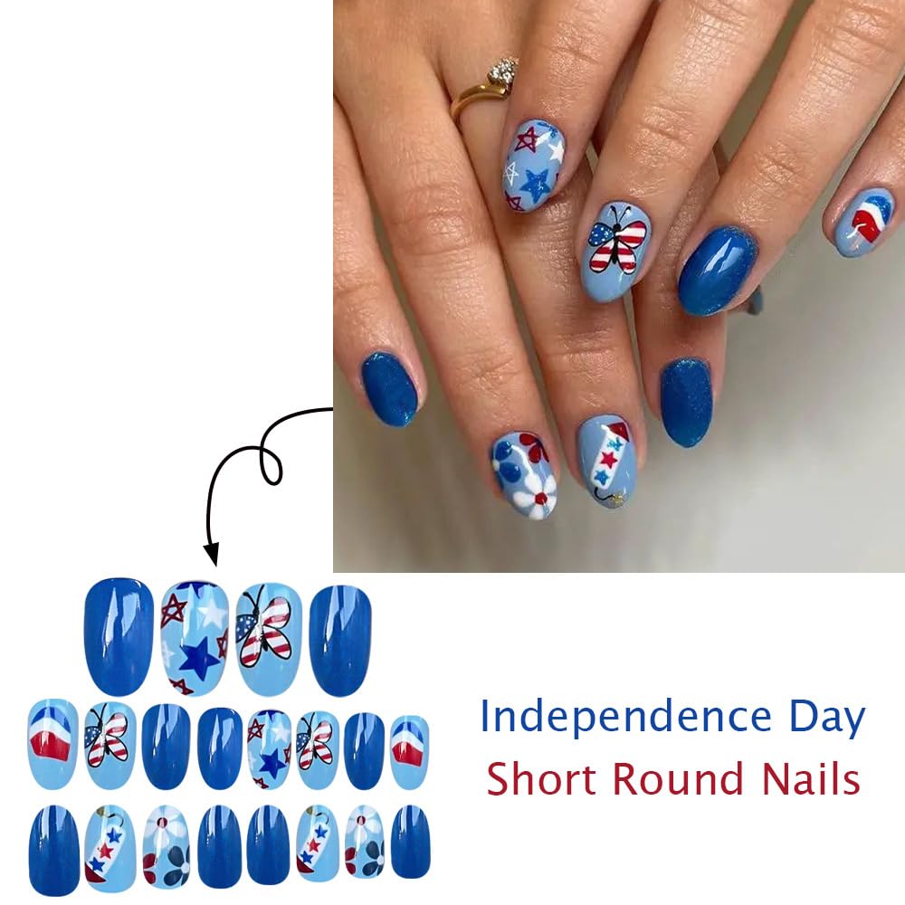 24Pcs Independence Day Blue Press on Nails Short Oval Fake Nails with Star Butterfly Flower Stick on Nails July 4th Acrylic Nail Art Reusable Glossy False Nails Full Cover Glue on Nails for Women