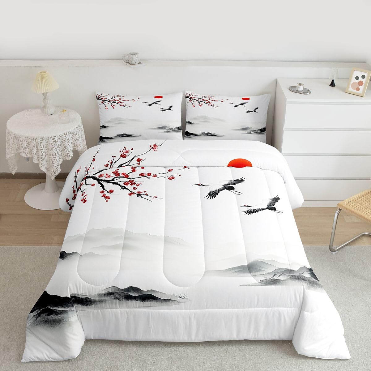 jejeloiu Chinese Ink Painting Kids Comforter Set Queen Size Japanese Style Bedding Set Cherry Blossom Duvet Quilt for Kids Boys Girls Bedroom Mountain Red Sun Decor Microfiber Ultra Soft Breathable