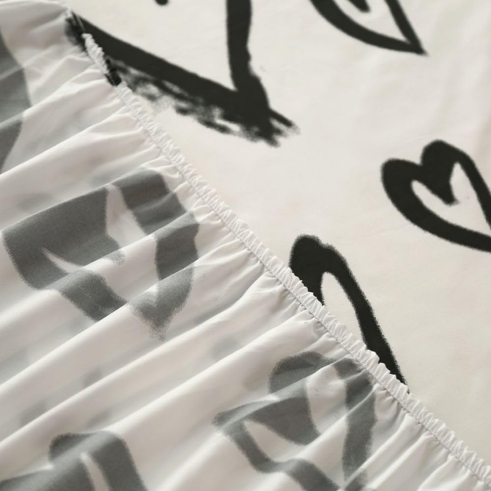SDIII Love Heart Queen Fitted Sheet Set with 2 Pillowcases, Deep Pocket Soft Microfiber Black and White Heart Bed Sheet Queen Size