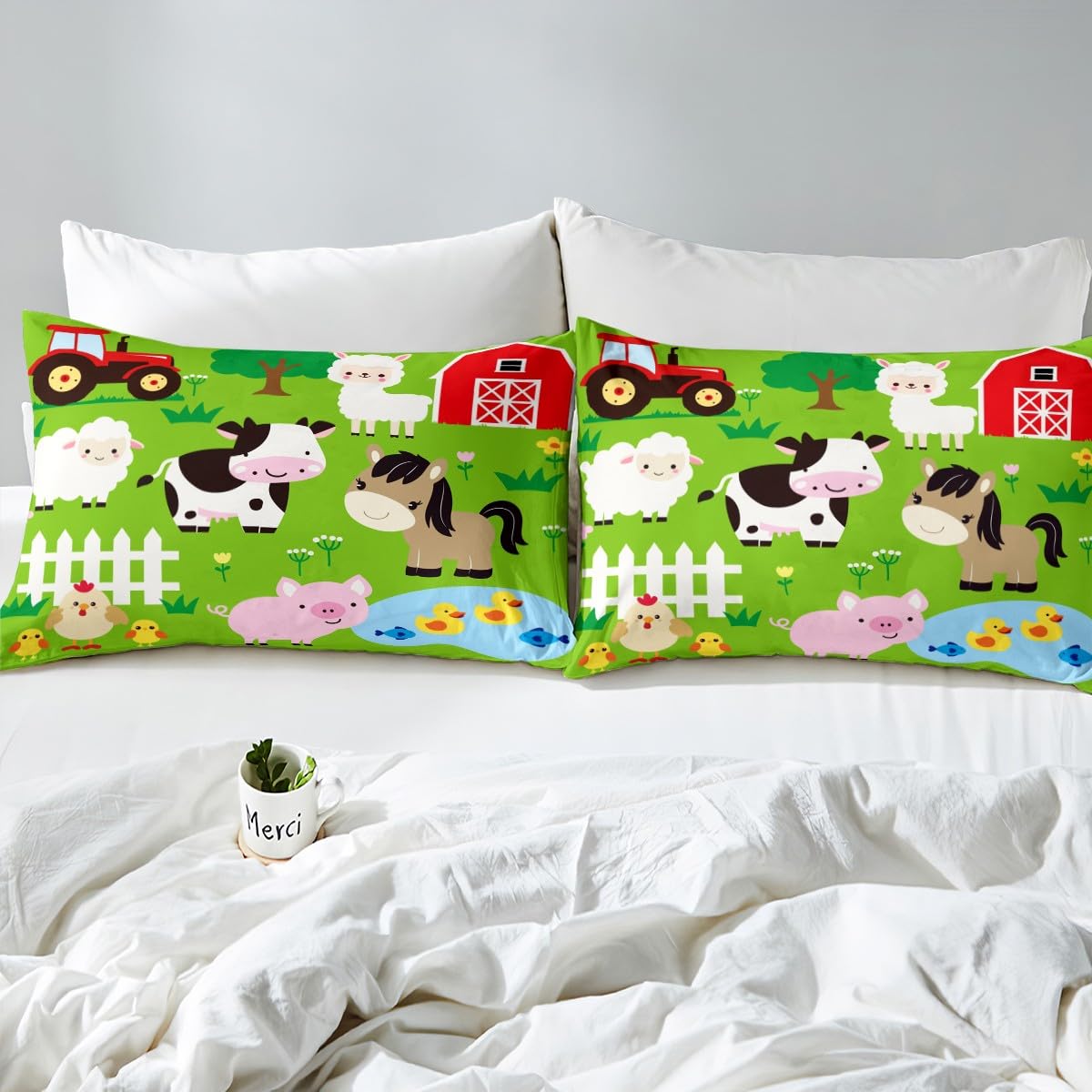 Manfei Farm Animals Kids Fitted Sheet Twin Size, Cow Horse Pig Hen Chicken Sheep Bedding Set 2pcs for Boys Girls, Cartoon Animal Bed Cover with 1 Pillowcase, Soft Polyester Bedding, No Top Sheet