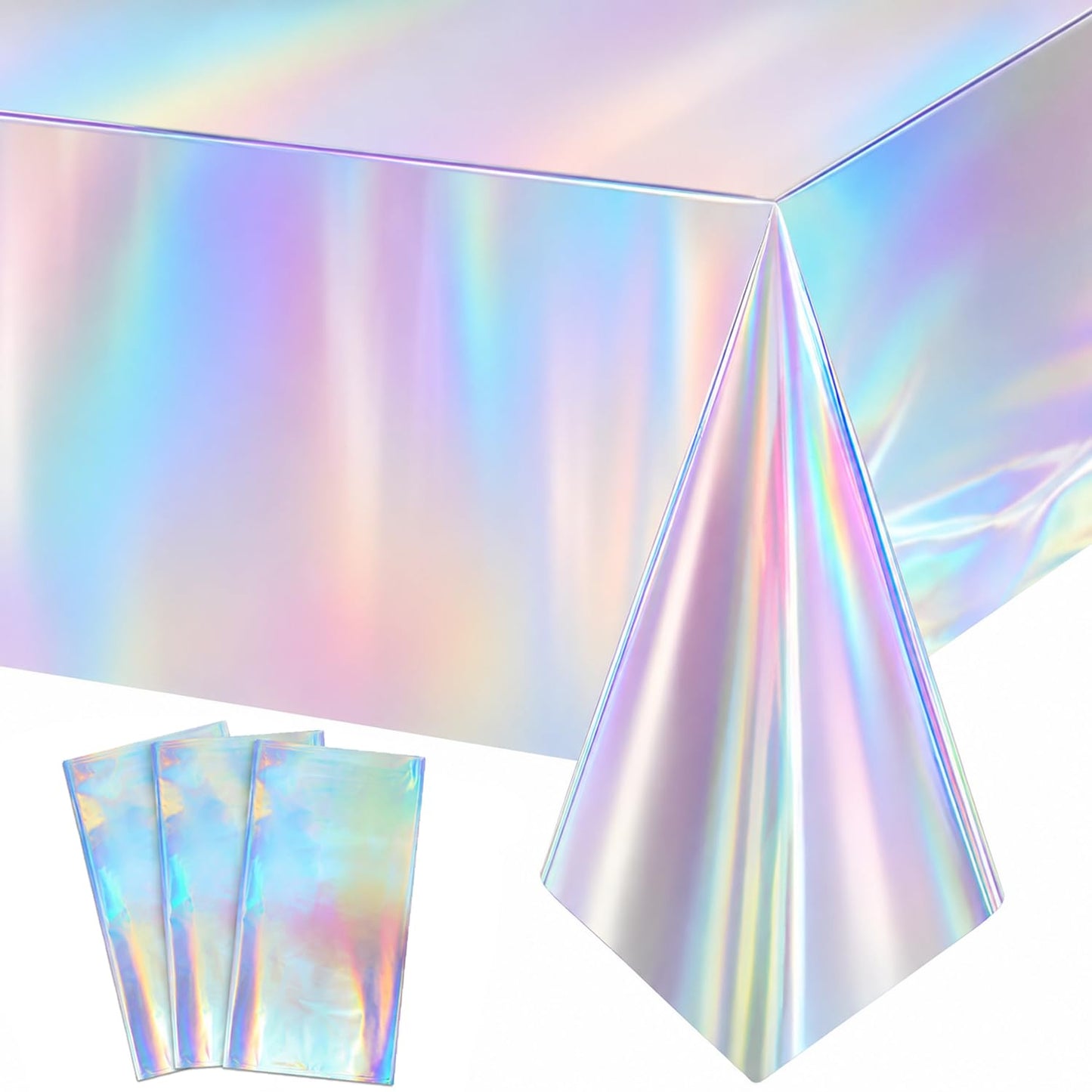 NKPDAXM 3 Pack Iridescent Tablecloths, Shiny Disposable Foil Plastic Holographic Table Covers for Rainbow Disco Bachelorette Bridal Wedding Party Decorations, 54" x 108"