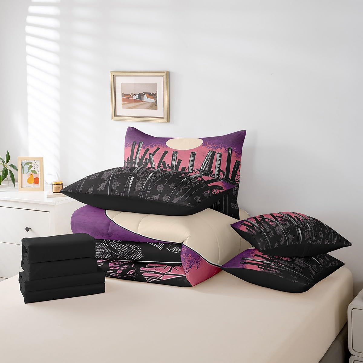 Erosebridal Japanese Comforter Set Twin,Sword Bed in a Bag for Kids Teens Adults,Watercolor Bedding Set 7Pcs,Moonlight Sun Quilt