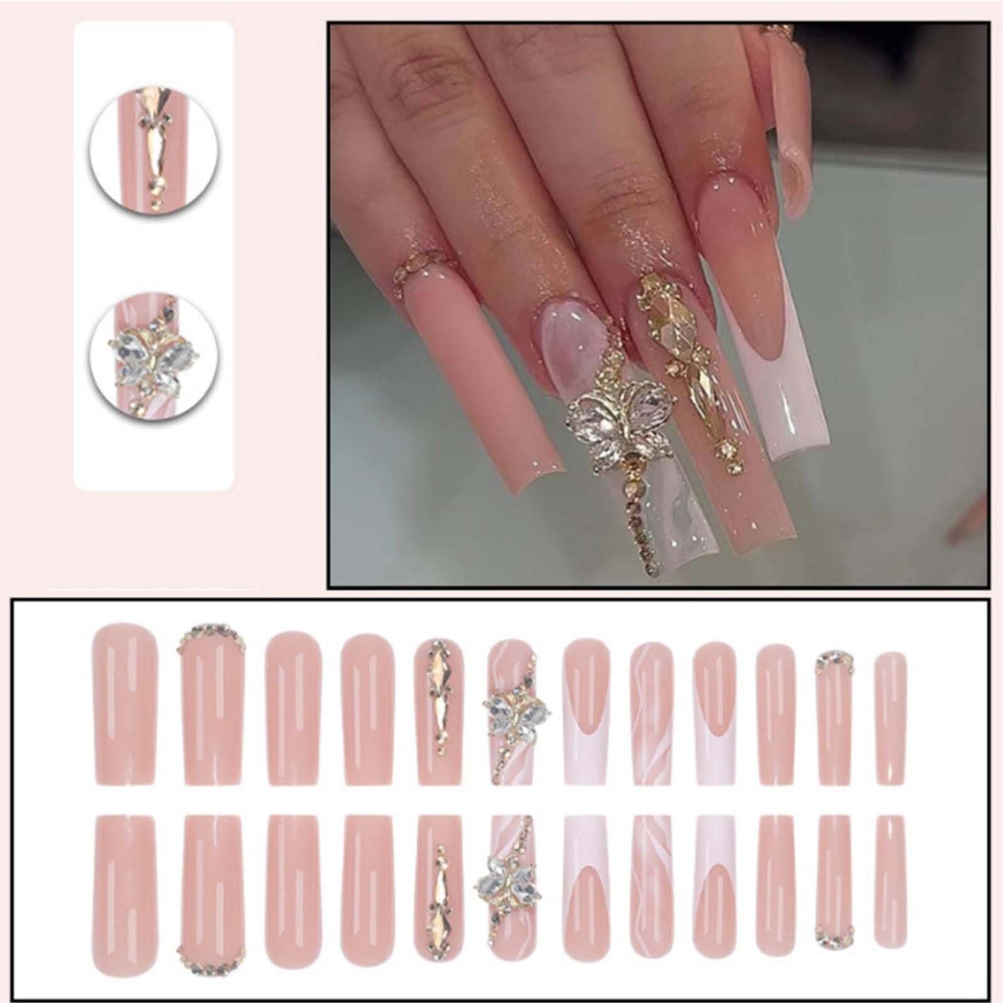 YoYoee Long Square False Nails 3D Butterfly Nails Tips Gradient Nude Press on Nails French Fake Nails for Women and Girls 24PCS