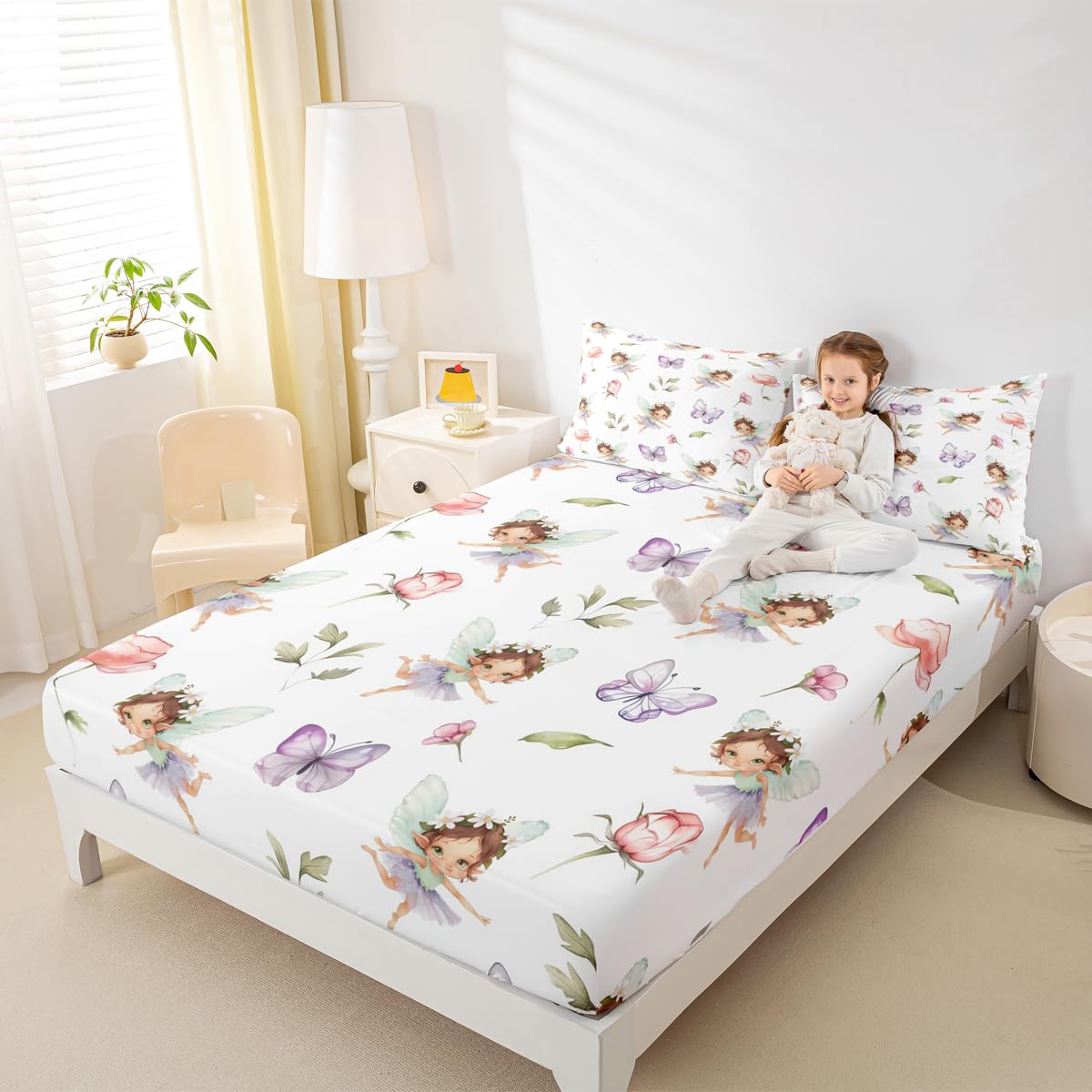 Erosebridal Girls Fairy Twin Fitted Sheet - Purple Butterfly & Floral Bedding Set for Kids, Pink Flower Fairies Garden Bottom Sheets Only | Girly Princess Bed Set 2 Piece Bedroom Decor