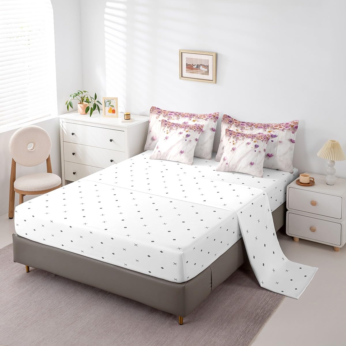 Erosebridal Valentines Day Queen Bed in a Bag 7 Piece - Romantic Purple Pink Rose Floral Comforter Set with Sheets for Kids Adults Couple Bedroom Decor Love Bedding Sets with Fitted + Flat Sheet