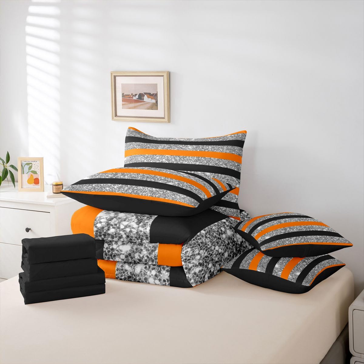 Feelyou Orange Black Comforter Set with Sheets 7 Piece Full Size Stripes Bed in a Bag Kids Boys Girls Glitter Bedding Set Geometric Bedroom Decor Breathable Soft Lightweight Microfiber