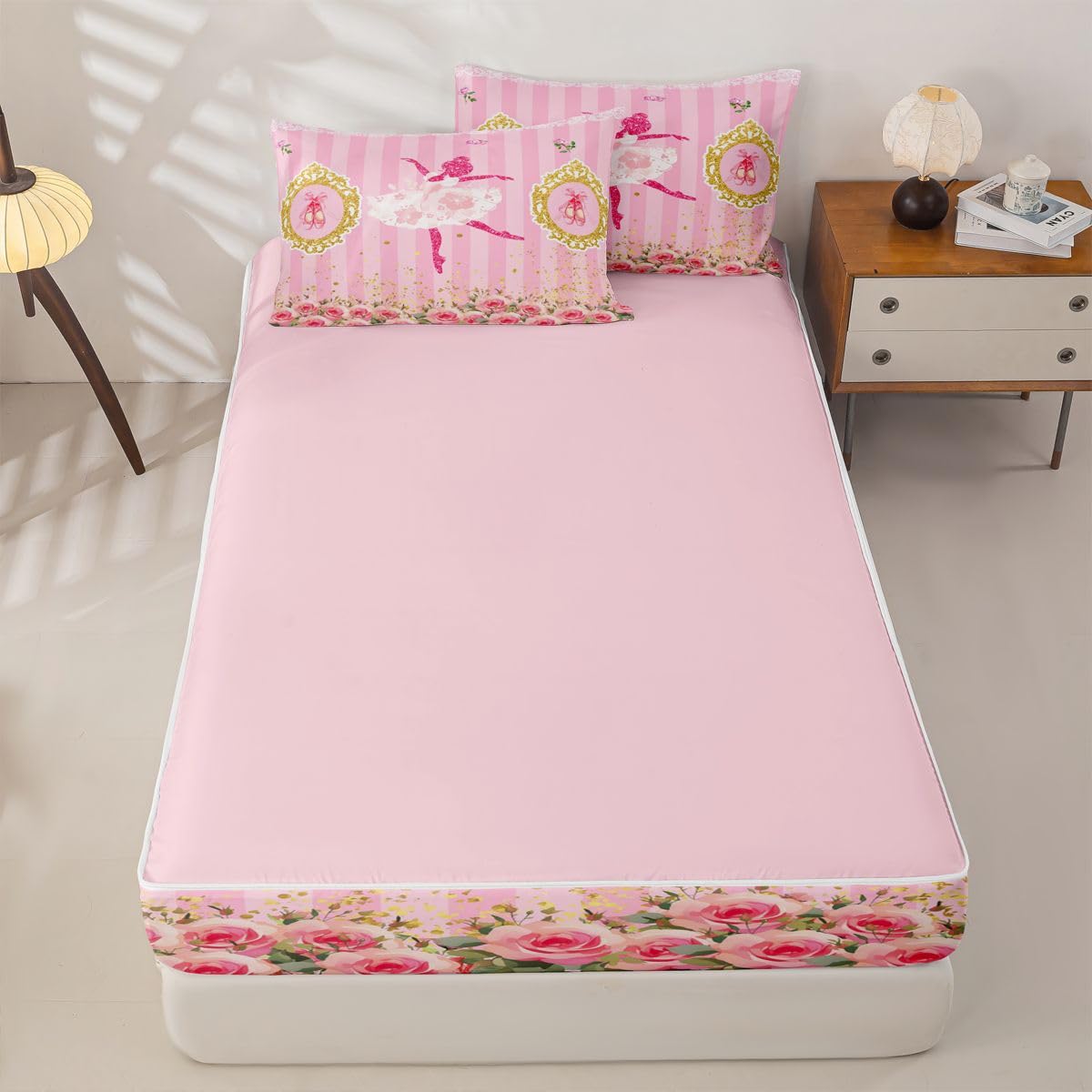 Feelyou Ballet Dancer Queen Comforter Set with Fitted Sheet for Girls Boys Kids Ballet Shoes Comforter Room Decorbotanical Floral Zipper Bedding Sets Glitter Gold Pink Bed in A Bag Room Decor Boys