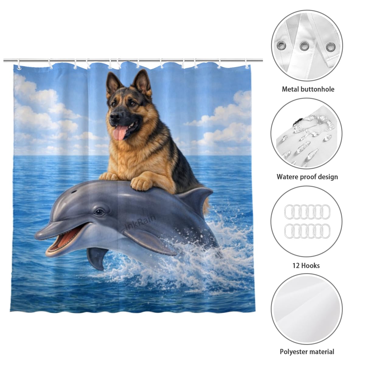 InkRain Ocean German Shepherd Shower Curtain with 12 Hooks Cute Puppy Riding Dolphin Bathroom Decor Waterproof Polyester Fabric Coastal Beach Bath Curtain 60x72 Inch