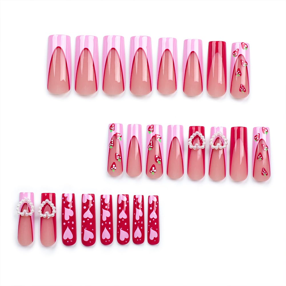 Valentines Nails - Long Press On Nails Coffin Fake Nail With 3D Heart Pearl Strawberry Designs Pink French Acrylic Artificial Glue On False Nail Press Ons Stick On Nails for Women Girls