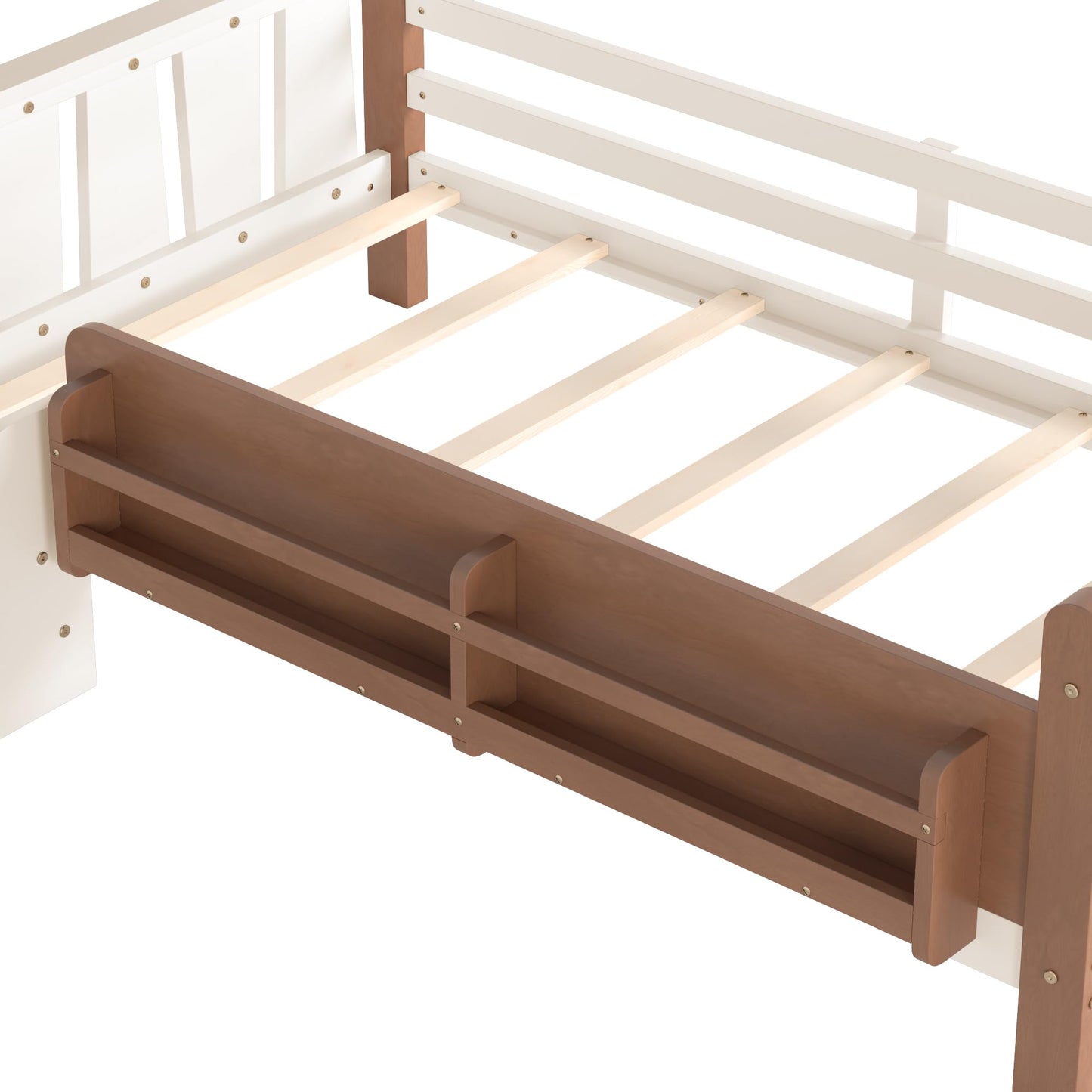LUMISOL Twin Size Montessori Bed with Storage, Kids Low Bed Frame with Storage and Stairs, Wood Twin Size Platform Bed with Guardrail and Shelves, Beige