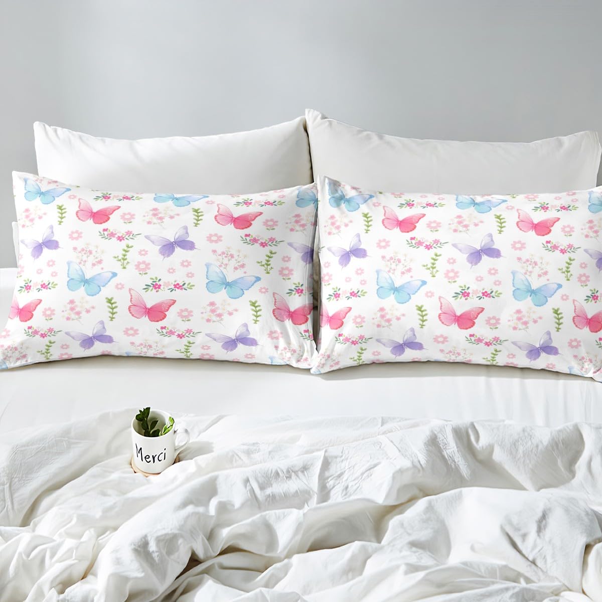 Feelyou Pink Butterfly Fitted Sheet with 1 Pillowcase Twin Size Garden Bed Sheets Set 16" Deep Pocket Boys Girls Purple Blue Butterflies Print Bedding Kawaii Pink Floral Teens Bedroom Decor