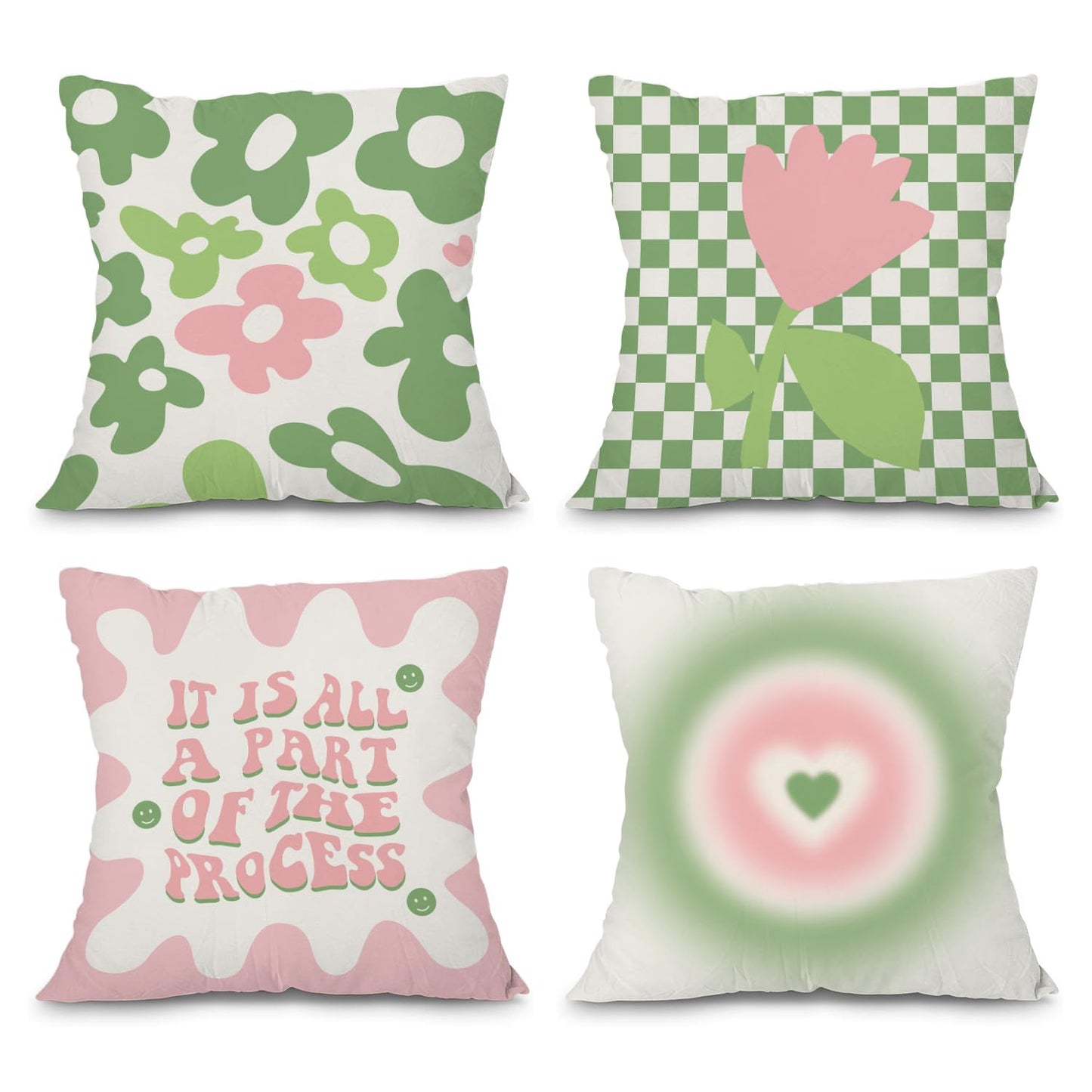 heilkee Danish Pastel Room Decor Aesthetic Sage Green and Pink Throw Pillow Covers Set of 4 Decorative Pillowcase Trendy Square Cushion Case for Living Room Girls Bedroom Dorm,18x18 Inches