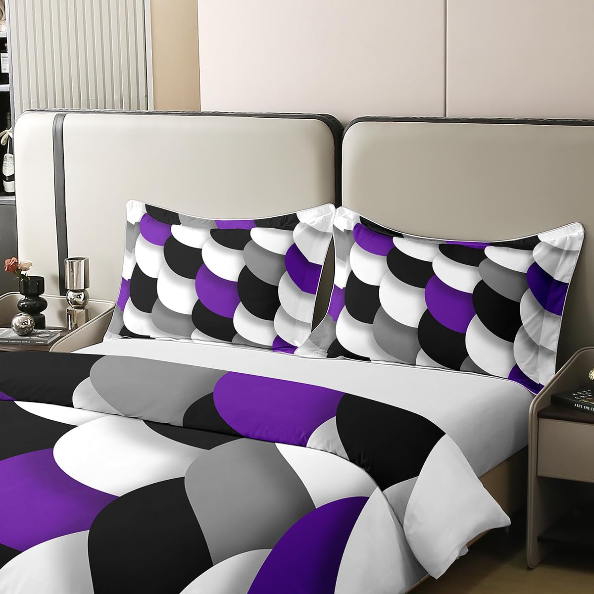 jejeloiu Geometric Bedding Set Queen Size Purple Black White Duvet Cover 100% Cotton for Boys Girls Teens Abstract Art Comforter Cover Soft（No Comforter）