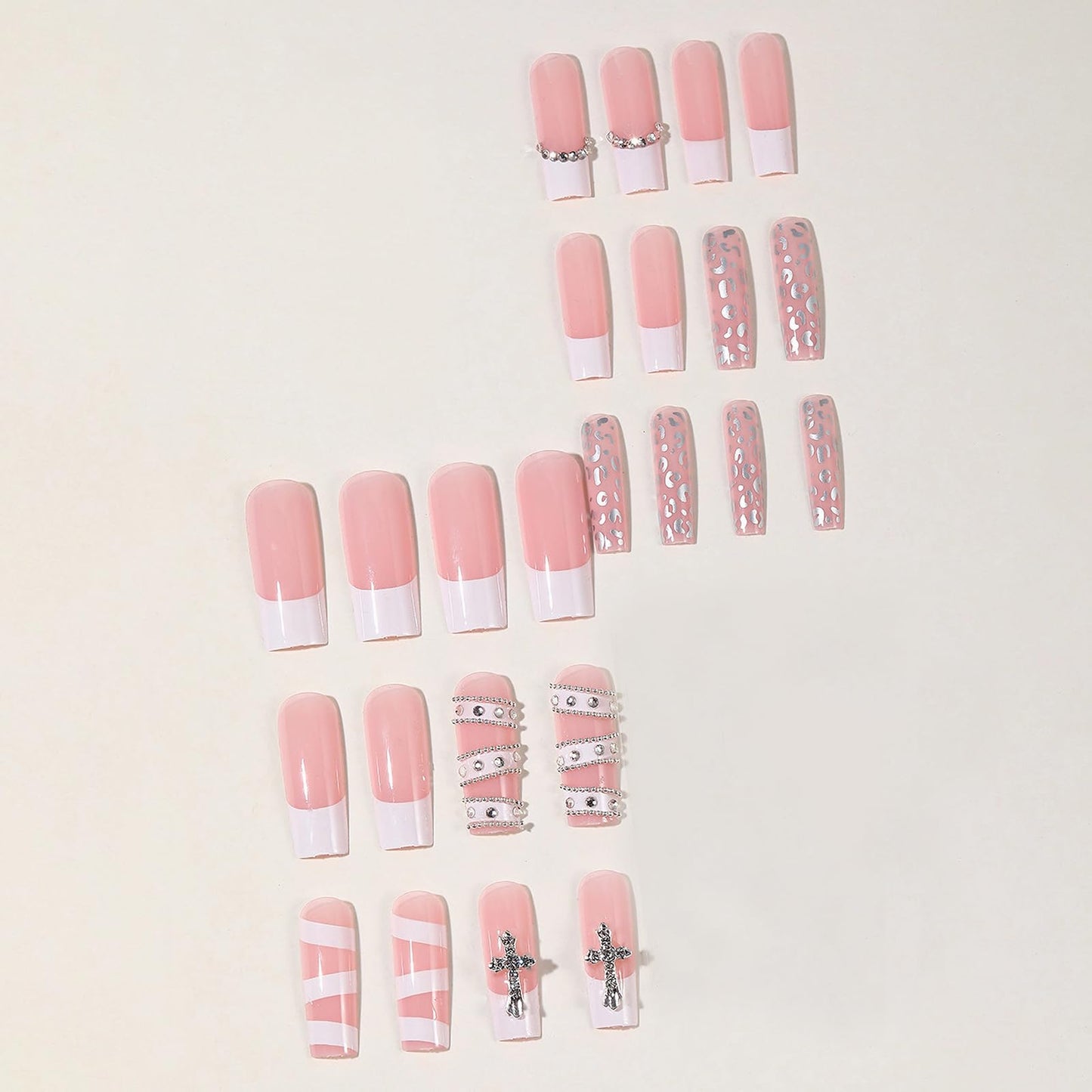 MISUD Press on Nails - Long Square Glue on Nails with White French Tip, Acrylic Y2K Cross Design 24 pcs