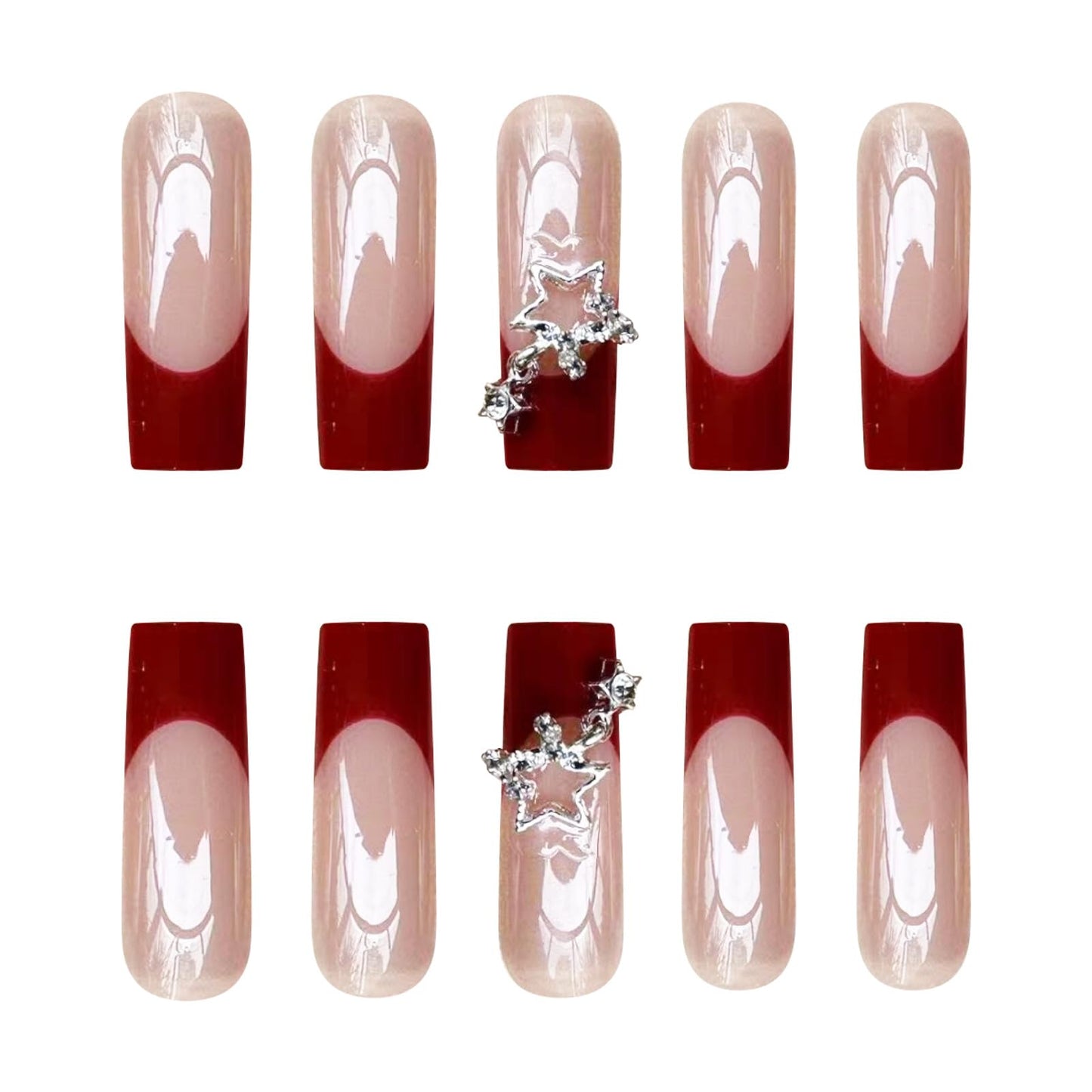 BABALAL Long Square Press on Nails Red French Tip Fake Nails 3d Star Nail Charm Acrylic Nails 24pcs Squoval Artificial False Nail for Women and Girls