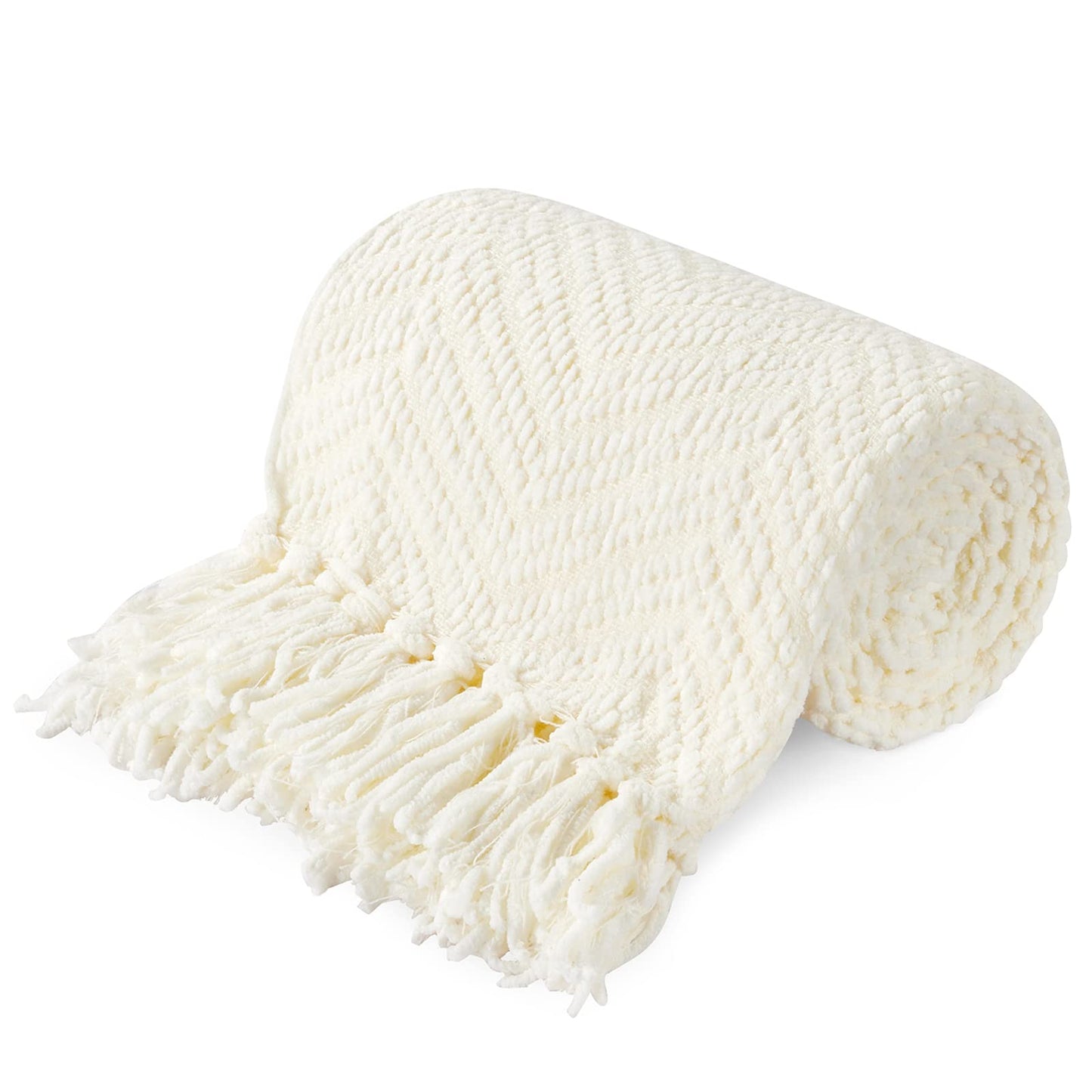 HOMEIDEAS Warm Tassel Knit Blanket Throw Size for Couch Sofa Bed, Cream Thick Knitted Armchair Office Chair Throw Blankets, Winter Chunky Blankets(50x60)
