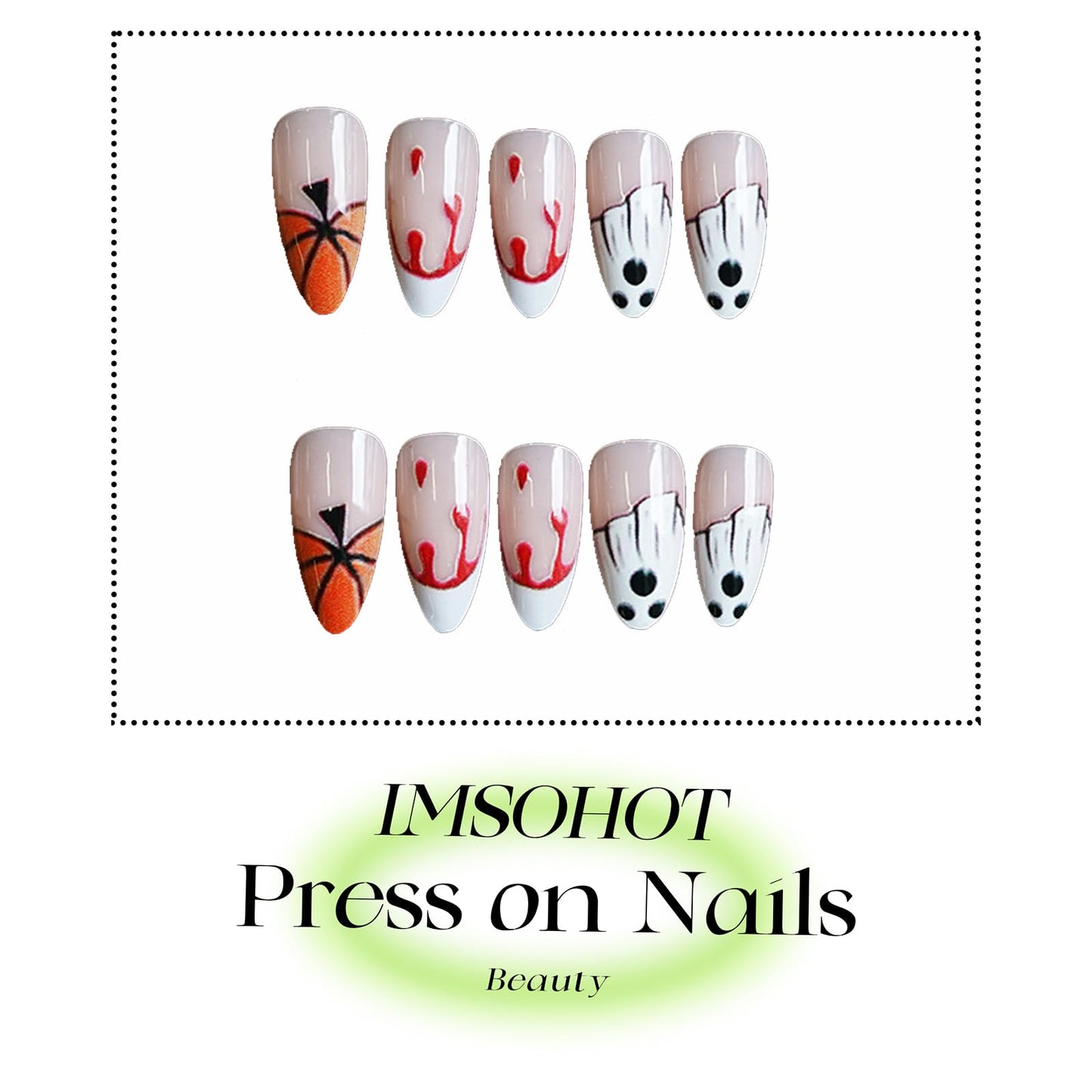 IMSOHOT Halloween Press on Nails Medium Almond Fake Nails Acrylic French Tip False Nails with Ghost, Pumpkin Designs Glossy Full Cover Cute Artificial Glue Stick on Nails 24Pcs