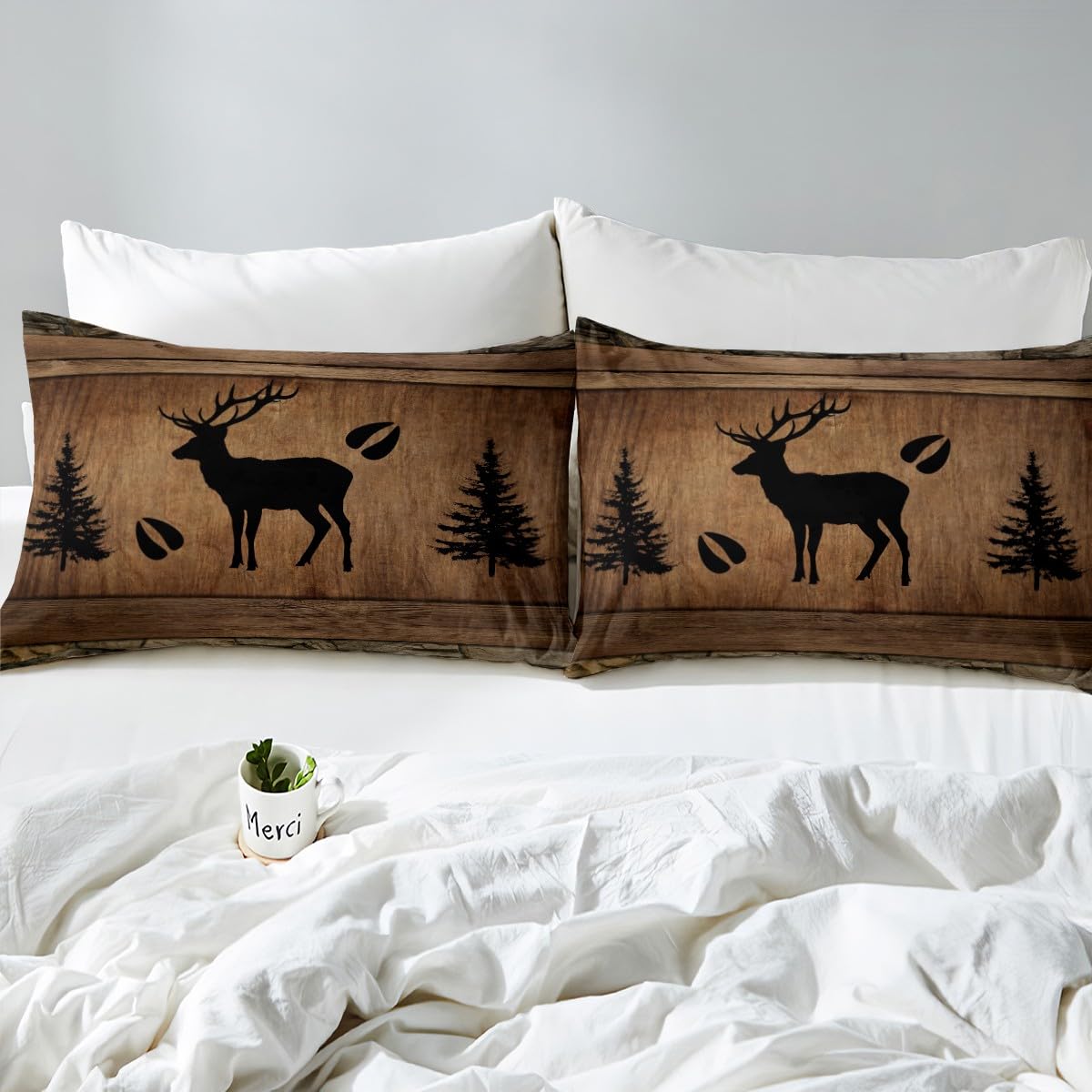 Manfei Rustic Deer Fitted Sheet Twin Size, Black Tree Deer Paw Print Bed Cover with 1 Pillowcase, Brwon Wooden Plank Bedding Set 2pcs for Kids Boy Room Decor, Soft Polyester Bedding