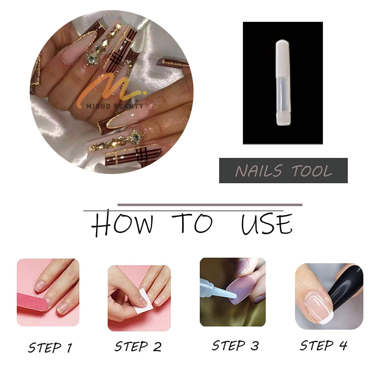 MISUD Press on Nails - Extra Long Square Glue on Nails with Fall Brown Plaid, Acrylic Rhinestone Design 24 pcs