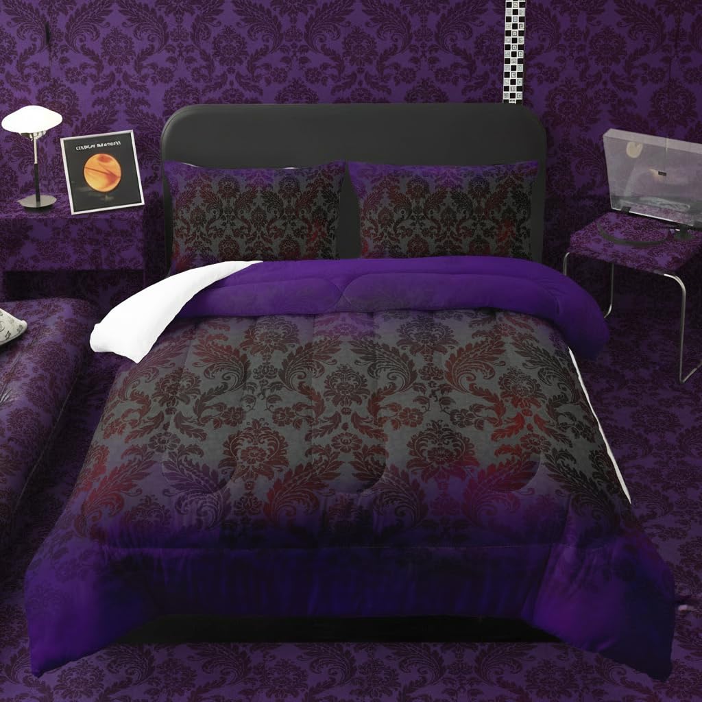 lneffble Black Purple Paisley Floral Victorian Gothic Comforter Set Full，Gothic Bedding Set Full Purple，with 1 Comforter with 2 Pillow Case，Halloween Room Decor for Bedroom