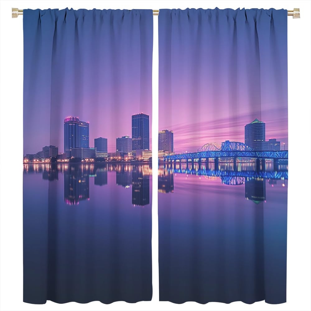 YFBBINS Evening Cityscape Pattern Blackout Curtains Thermal Insulated for Bedroom Living Room, Ocean Modern Skyline Rod Pocket Curtain Light Blocking Drapes, 2 Panels, Each 21 W x 45 L inch
