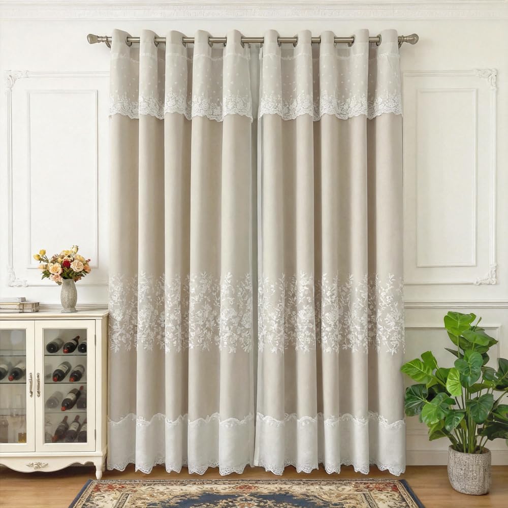 Amidoudou 1 Pair European Double Layer Curtains for Living Room Bedroom Luxury Flower Embroidered Curtains with Valance (Beige,66x96 Inch)
