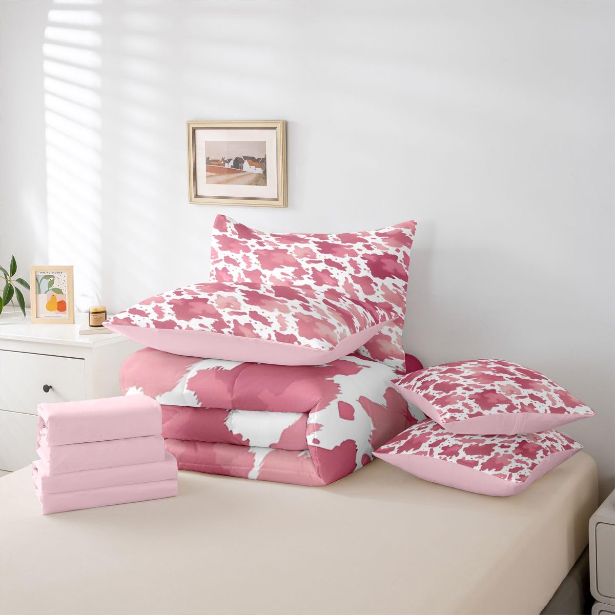 Erosebridal Cow 7 Piece Bedding Set Full Cowhide Print Comforter Set with Sheets Animal Fur Pattern Western Watercolors Bed in a Bag Cowboy Farmhouse Pink White for Kids Boys Girls