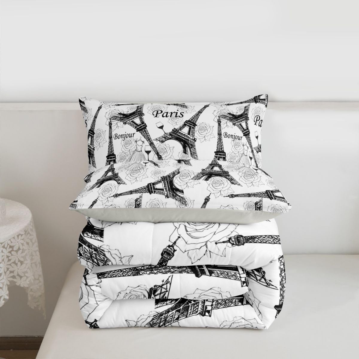 Eiffel Tower Bedding Sets for Boys Girls Couple Romantic Theme Comforter Set, Black and White French Paris Famous Cityscape Eiffel Tower Floral Print Quilted Duvet Valentine's Day Gifts,Full Size