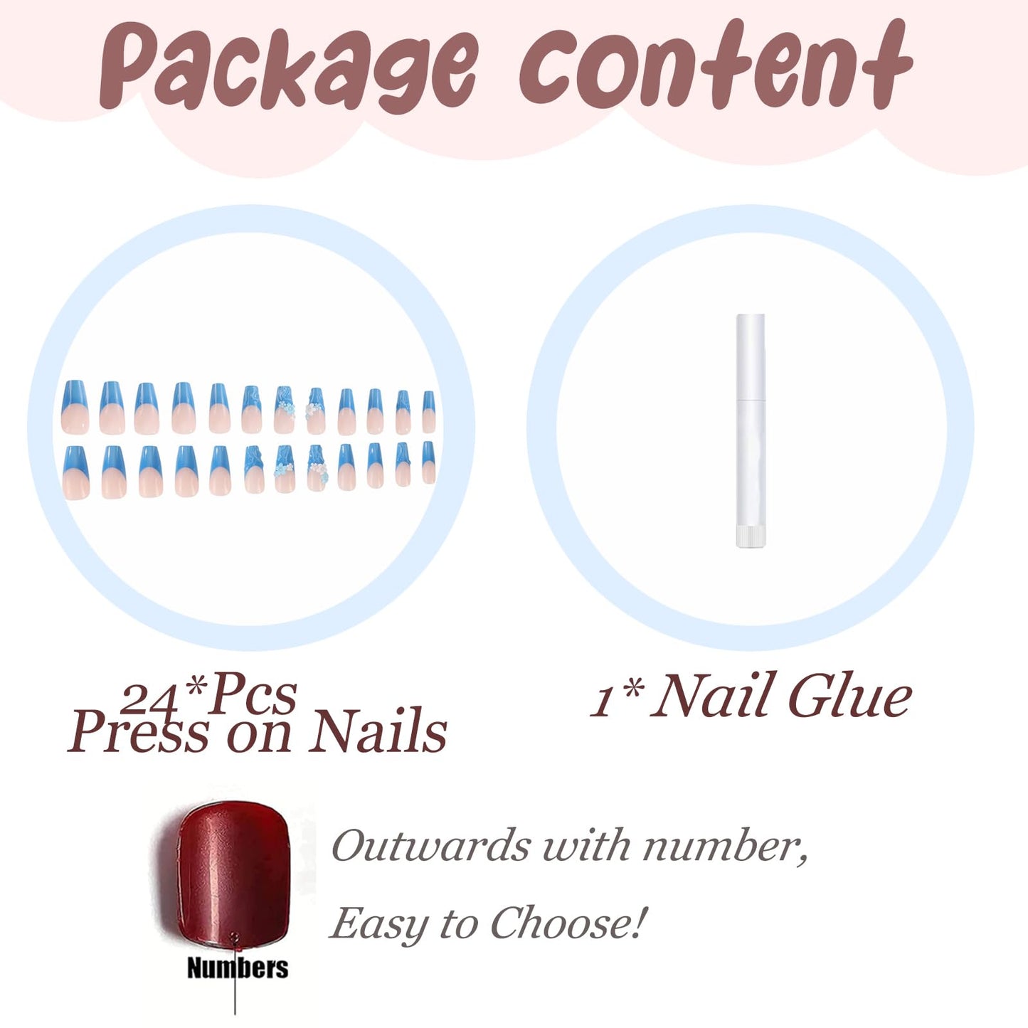 BABALAL Press on Nails Long Coffin Fake Nails Blue French Tip Glue ons with Flower Charm 3D Texture Handmade Design Supplies Art 24Pcs Glossy Manicure Full Cover Acrylic False Nails