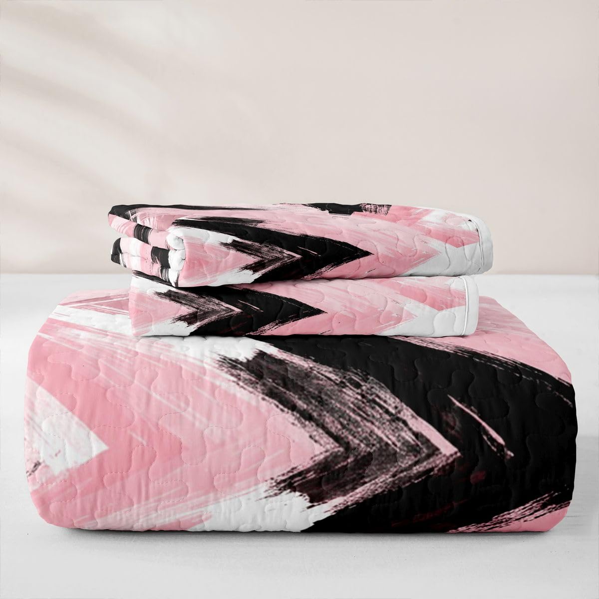 Feelyou Pink Black White Bedding Set Kids Abstract Quilt Sets Queen Size Modern Stripes Bedspread Coverlet for Room Soft Modern with 2 Pillow Case
