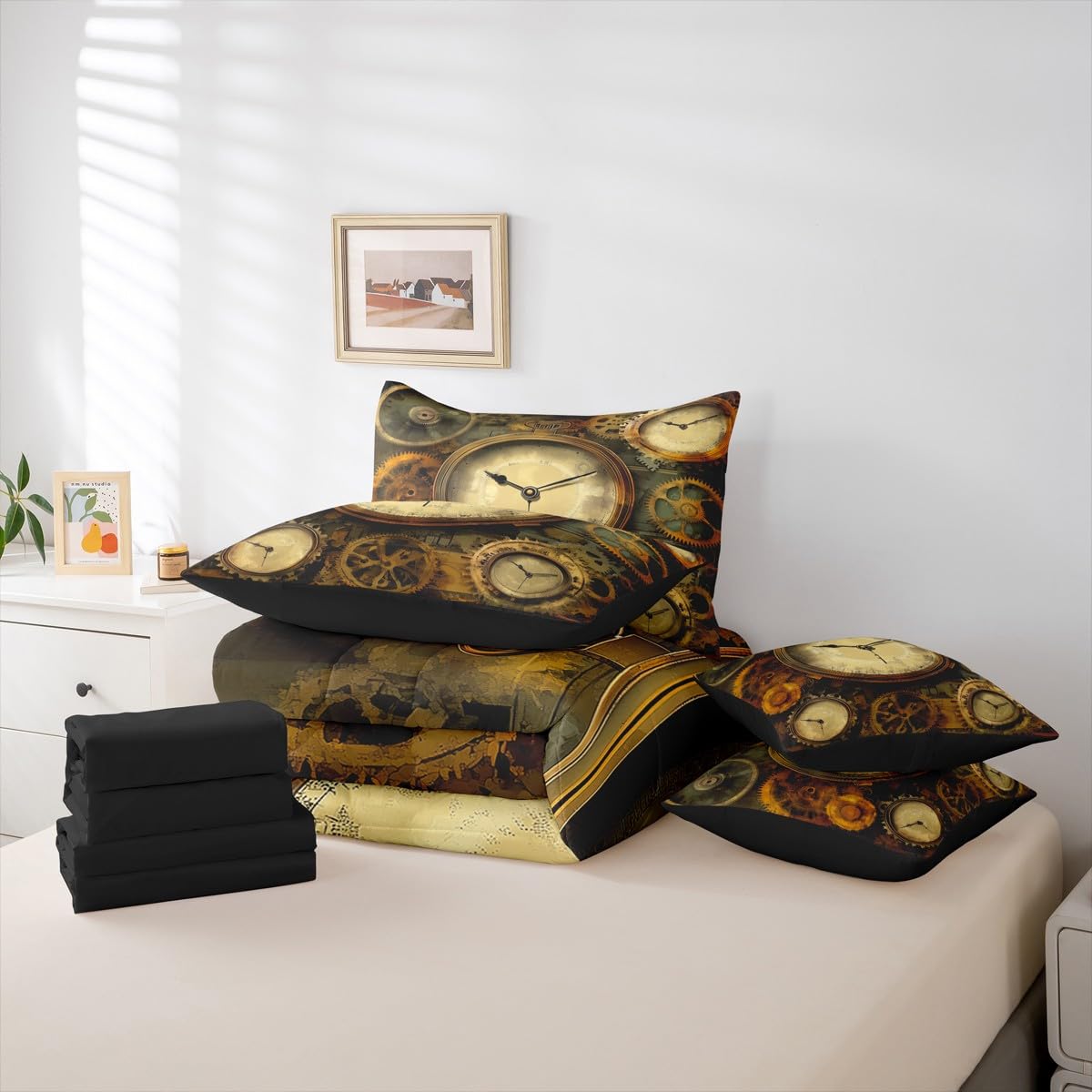 Erosebridal Ndustrial Gear 7 Pcs Bedding Set Queen Steampunk Style Comforter Set with Sheets Clocks Theme Bed in A Bag Mechanical Device Retro Brown Bedroom Decor