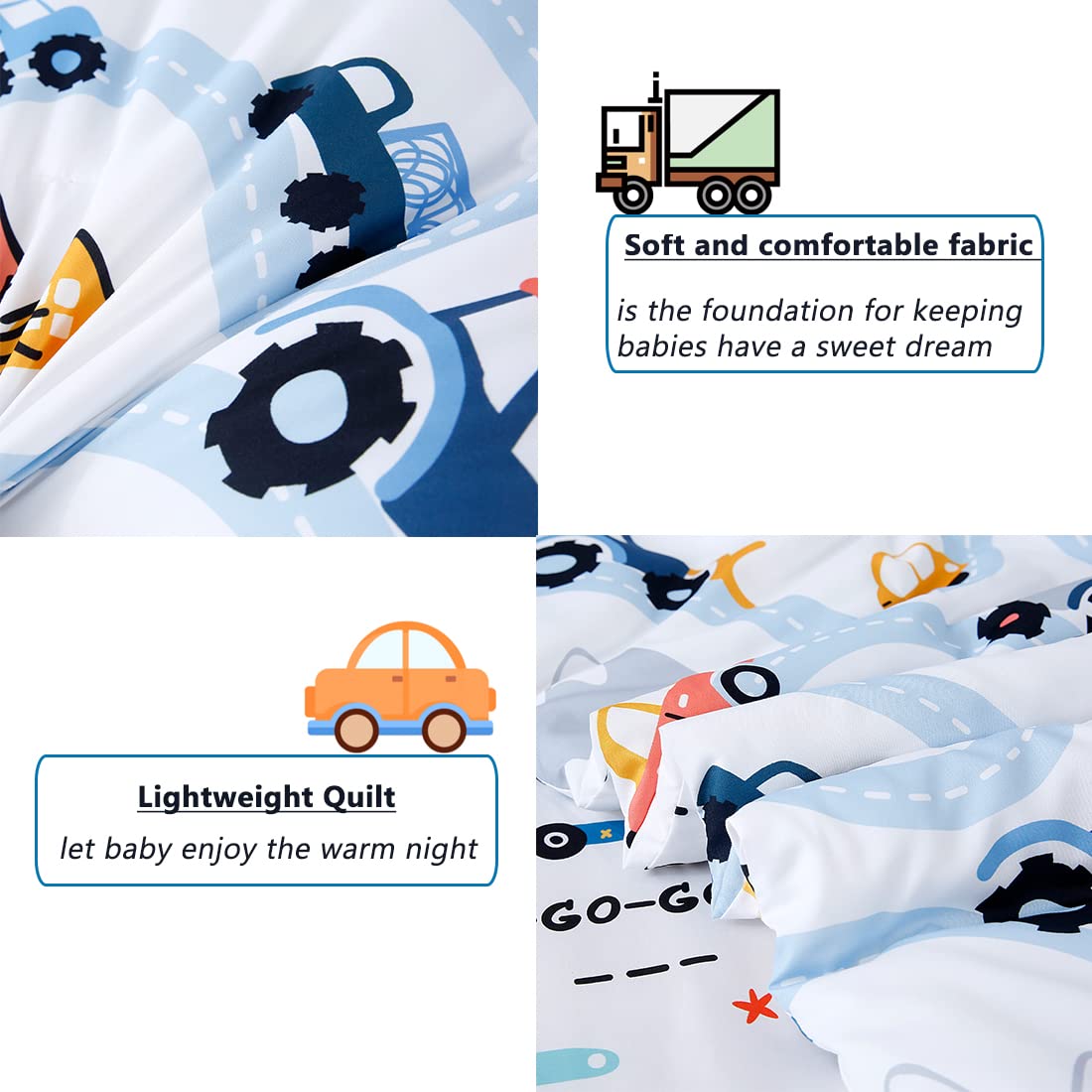 PERFEMET Car Toddler Bedding Kids 4 Pieces Bed in A Bag for Boys Vehicles Truck Toddler Girl Comforter Sets with Bed Sheets Modern Bedroom Collection, White