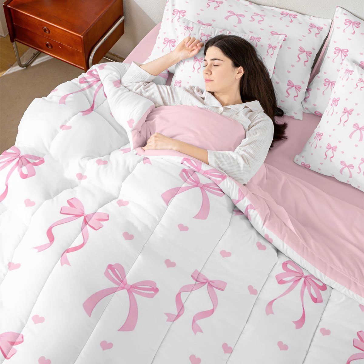 Erosebridal Cute Pink Bow Full Comforter Set 7 Pieces,Ribbon Bow Knot Bed in A Bag,Girly Pink Bows Bedding Set with Comforters, Sheets, Pillowcases Princess Bowknot Bedroom Decor