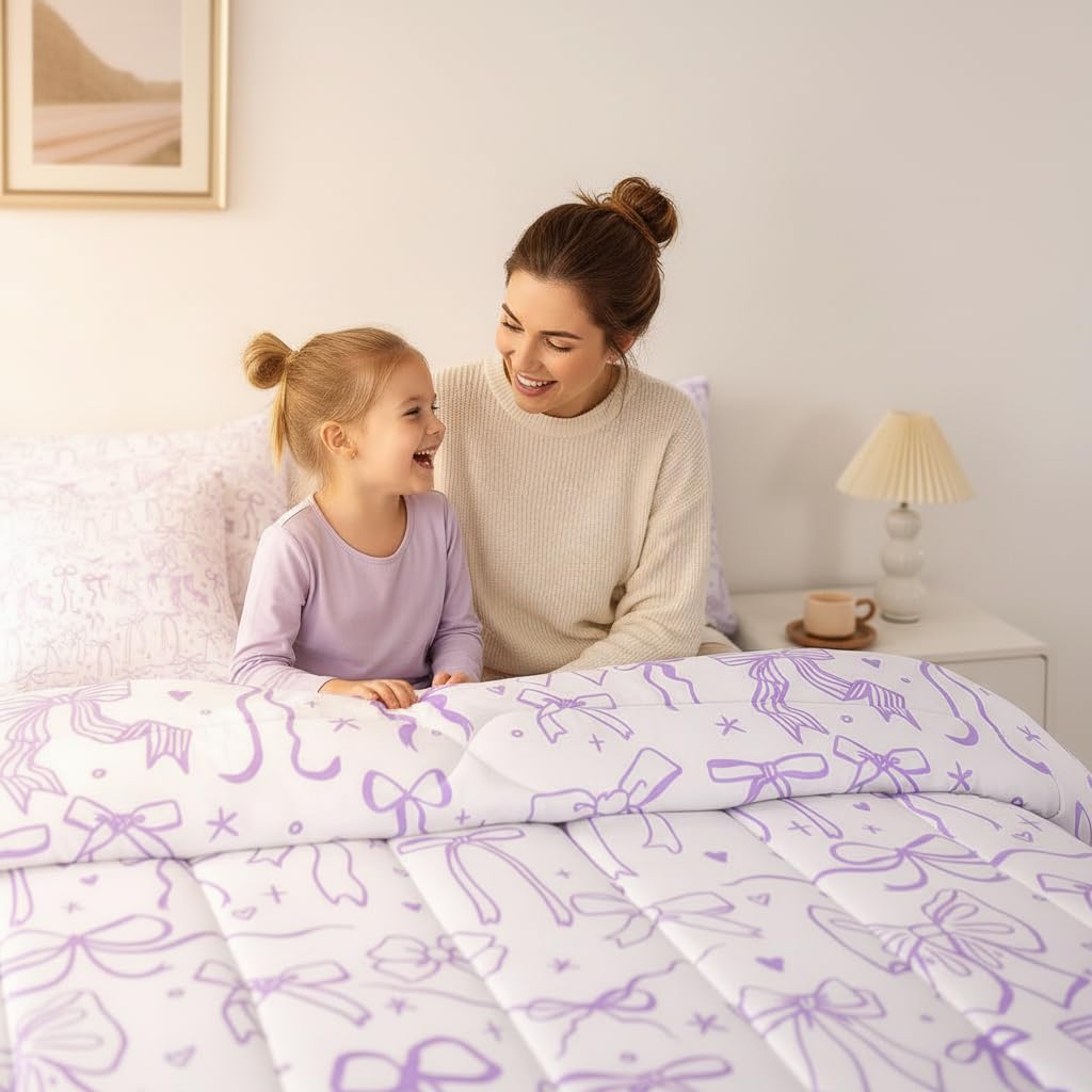 7 Pieces Kids Comforter Full Size,Purple Bow Comforters Cartoon Bowknot Bedding Butterfly Knot Princess Girl Bed Sets,Bow Star Love Girly Comforter Fitted Flat Sheet Pillowcase Throw Pillow Cover