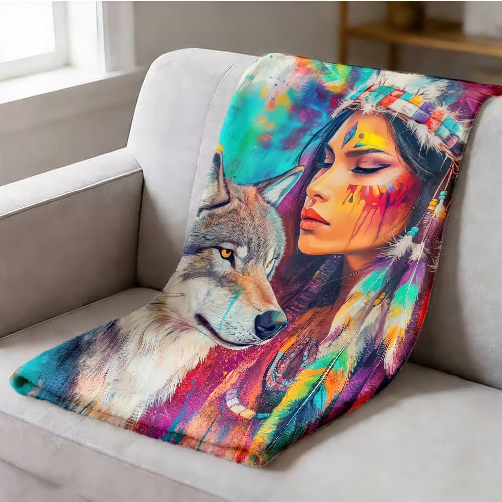 ZHOUSHUTONG Native American Throw Blanket Indian Tribal Chief Print Super Soft Warm Cozy Flannel Blanket for Couch Bedroom Office Southwest Cultural Home Decor Gift 49"x59"