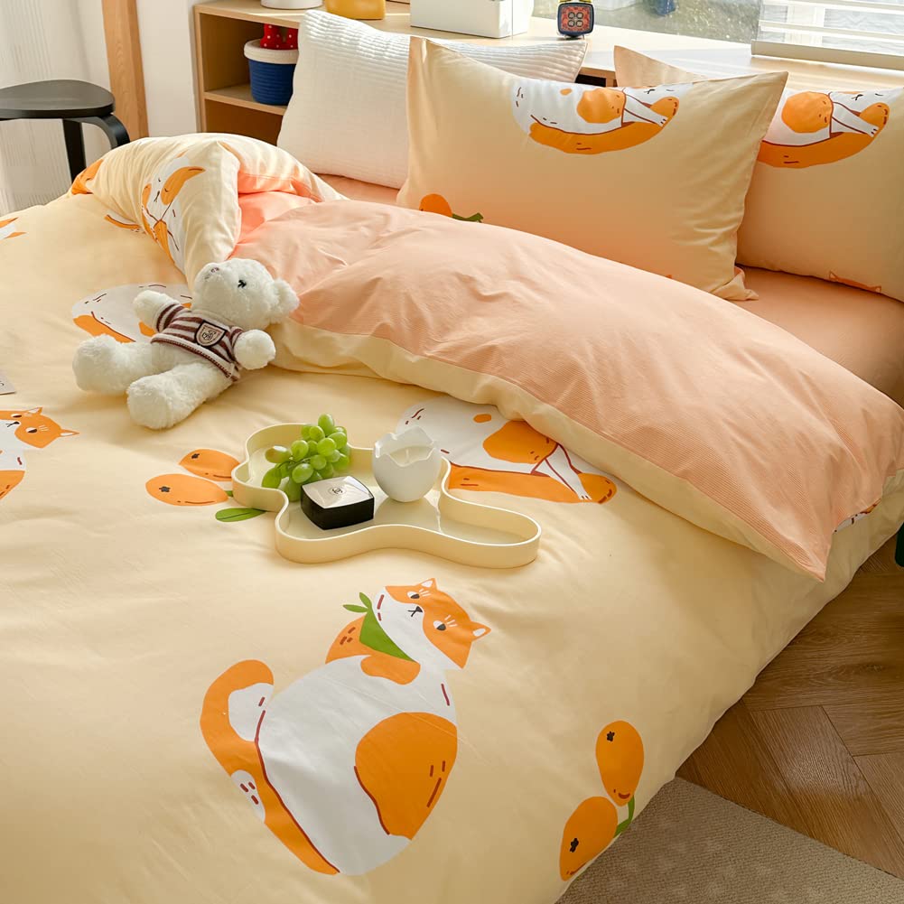 LIWHENHAO Cats Duvet Cover Set Twin 100% Cotton Bedding Cartoon Cute Cat on Orange 1 Kawaii Animal Comforter Cover Zipper Closure 2 Pillowcases for Kids Girls Boys
