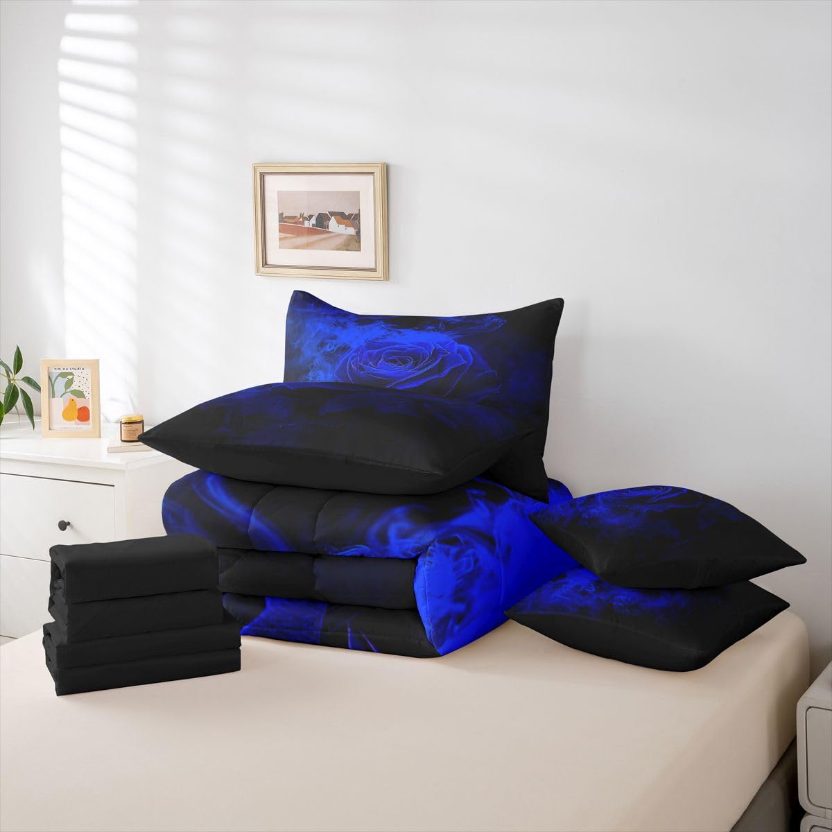 Erosebridal Rose Floral 7 Piece Comforter Set Full Ombre Black Blue Bedding Set for Girls Women Romantic Valentine Sheets 3D Print Flowers Quilt Comforter Blossom Petals Sheet Set Bedroom Decor