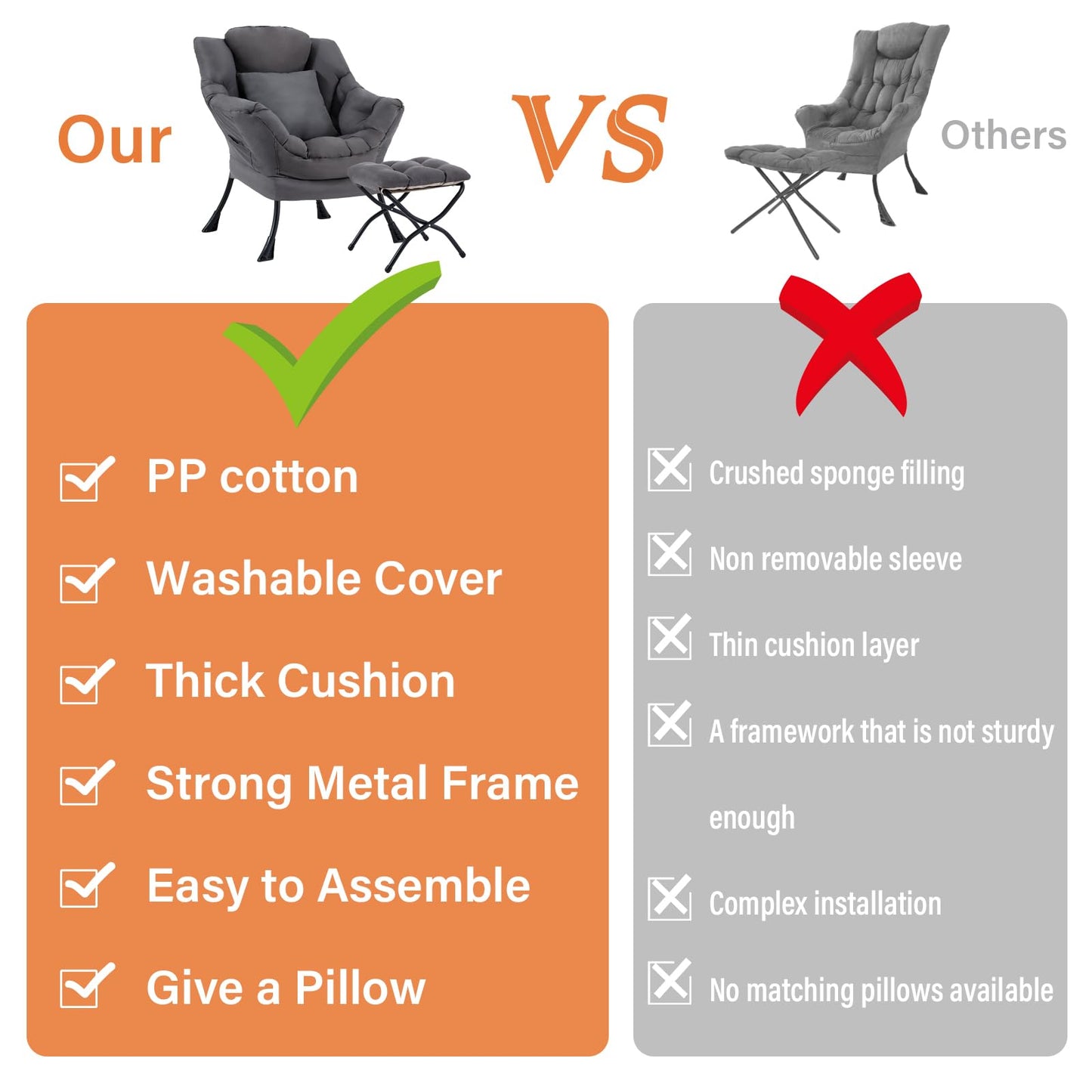 HomEastlly Lazy Chair for Living Room, Large Dark Grey Accent Chair with a Throw Pillow, Leisure Sofa Chair Set, Comfy Reading Chair for Bedroom, Dorm Room, Office