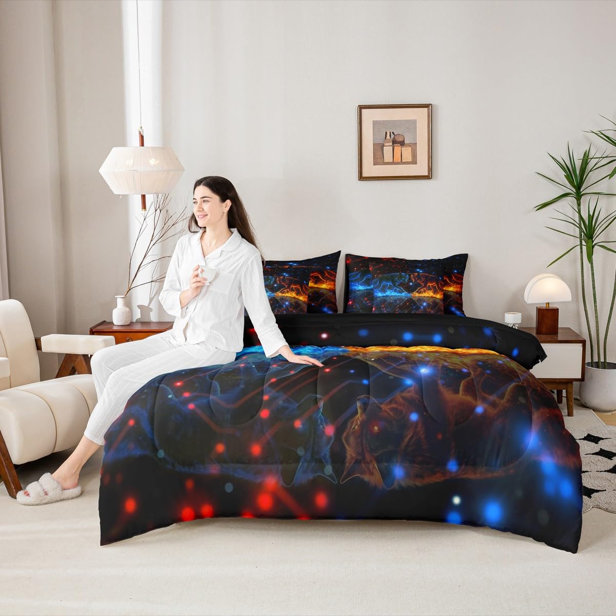 jejeloiu Wolves Howling Bed Set Wild Animal 7 Pieces Bedding Set for Kids Animal Wolves Bed in a Bag with Comforter, Sheets, Pillowcases Ultra Soft Dot All Season Breathable Lightweight Twin Size