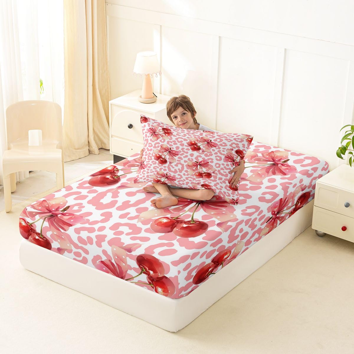 jejeloiu Pink White Cherry Bow Fitted Sheet Twin Size for Kids Boys Girls Dreamy Princess Bowknot Bed Sheets Set 16" Deep Pocket Leopard Print Bowknot Bedding with 1 Pillowcase Room Decor