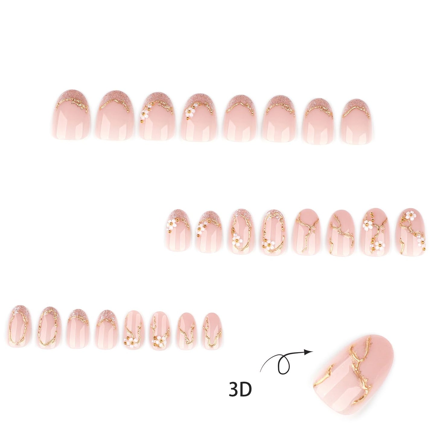 Flower Press On Nails Short Almond Nude Pink Spring False Nails With 3D Flowers Designs Gold French Nails Press Ons Artificial Acrylic Nails Full Cover Glue On Nails Stick On Nails For Women