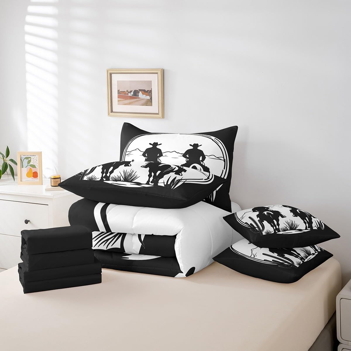 jejeloiu Western Decor Comforter Set with Sheets Twin Size Kids West Cowboy Horse 7 Pieces Bedding Set Boys Girls Teens Black White Bed in a Bag Breathable Rodeo Cowboy Cactus Bed Set Room Decor