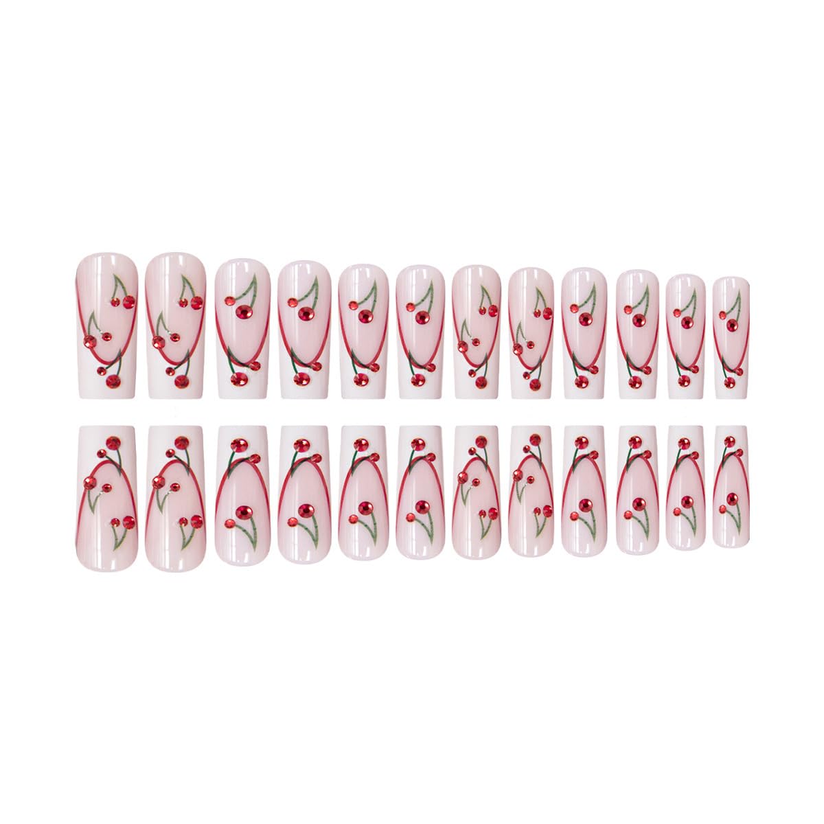 Long Press Square White French Tip Rhinestone False Nails with Cherry Glue for Women's Manicure - Christmas Acrylic, Press-On, Full Cover - 24 Pcs
