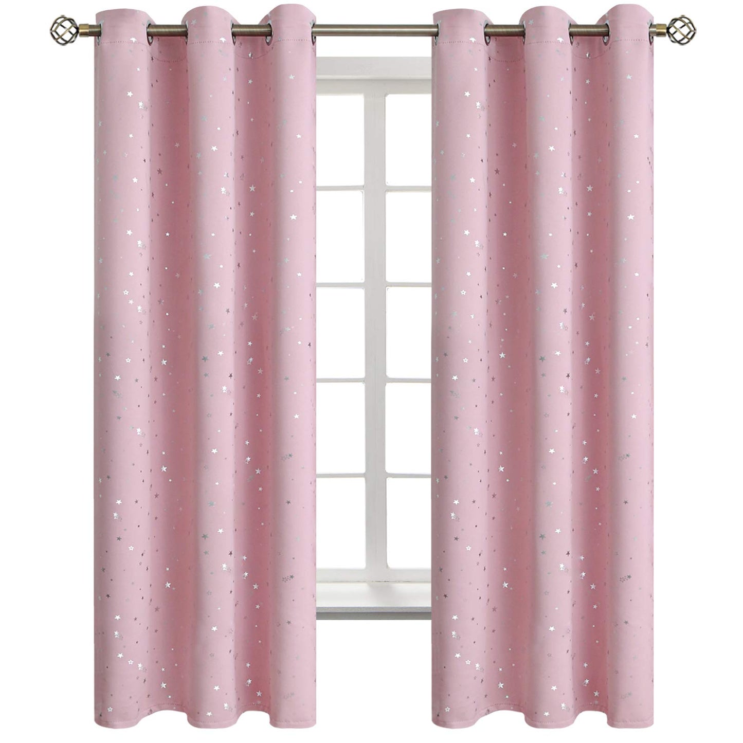 BGment Kids Blackout Curtains for Bedroom - Grommet Thermal Insulated Silver Star Print Room Darkening Curtains for Kids Room, Set of 2 Panels, 42 x 63 Inch, Baby Pink