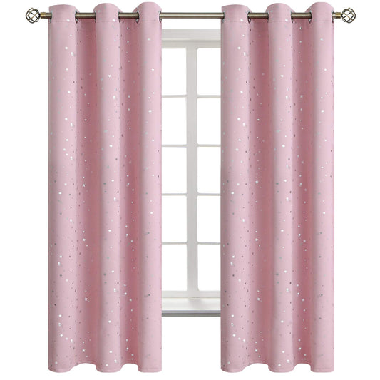 BGment Kids Blackout Curtains for Bedroom - Grommet Thermal Insulated Silver Star Print Room Darkening Curtains for Kids Room, Set of 2 Panels, 42 x 63 Inch, Baby Pink