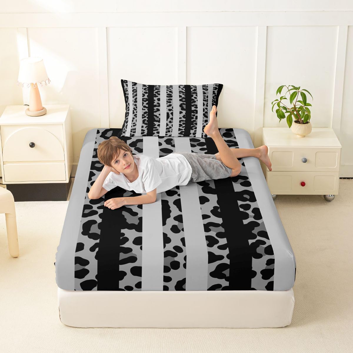 jejeloiu Black Leopard Print Fitted Sheet with 1 Pillowcase Twin Size Abstract Bed Sheets Set 16" Deep Pocket Boys Girls Leopard Stripes Bedding Teens Bedroom Decor Breathable