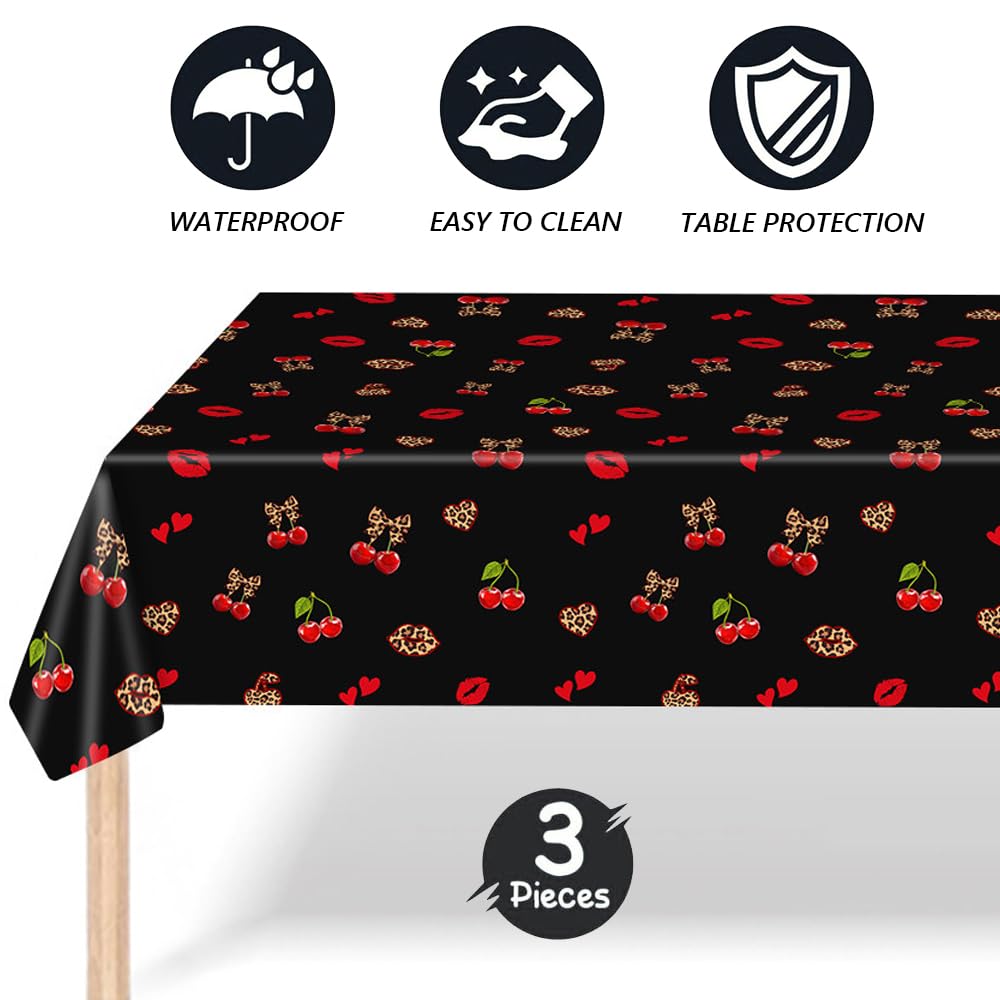 3Pcs 54 x 108 Inch Cheetah Cherry Tablecloths,Red Black Leopard Print Disposable Plastic Table Covers with Red Lips, Waterproof Party Table Cloths for Birthday, Baby Shower, Wedding, Party Decorations